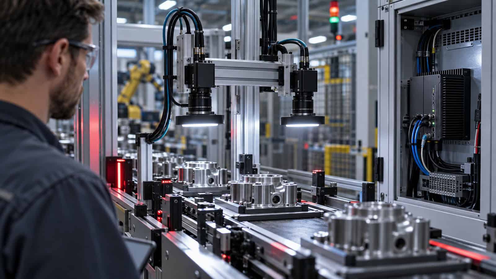Industrial cameras inspecting machined components with a rugged edge gateway beside the production line.