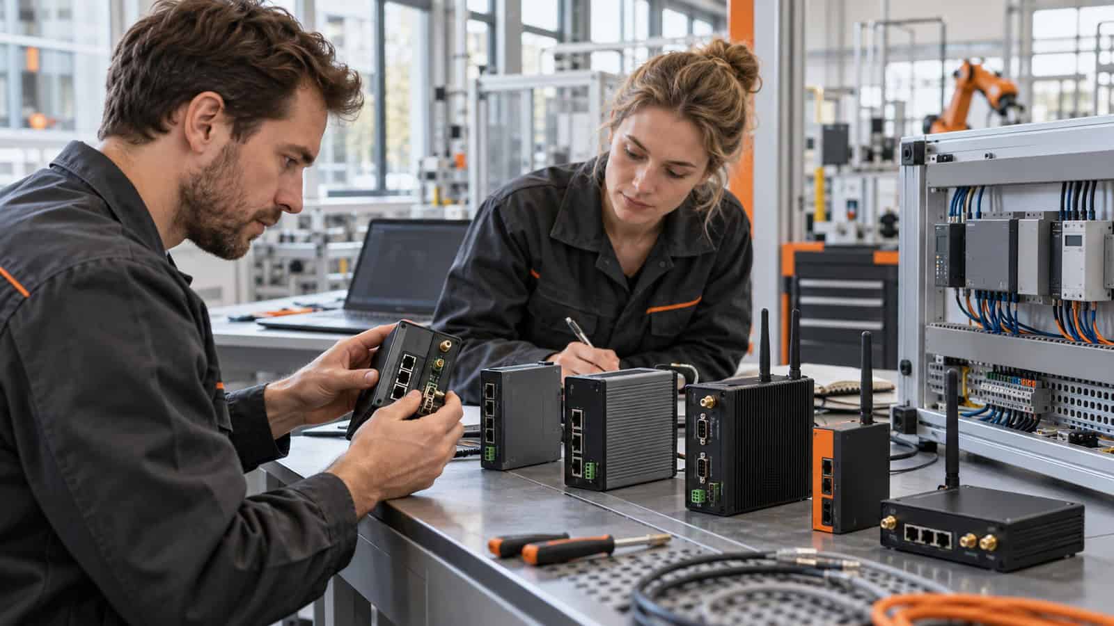 Engineering team comparing industrial edge gateways, interface drawings and lifecycle records beside a factory network cabinet.