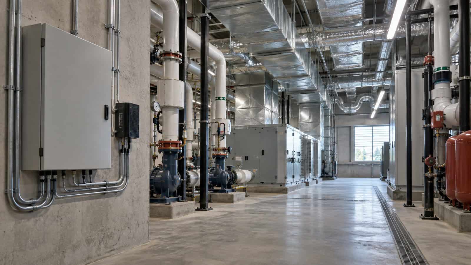 Building automation enclosure and edge gateway installed beside HVAC equipment in a commercial mechanical plant room.