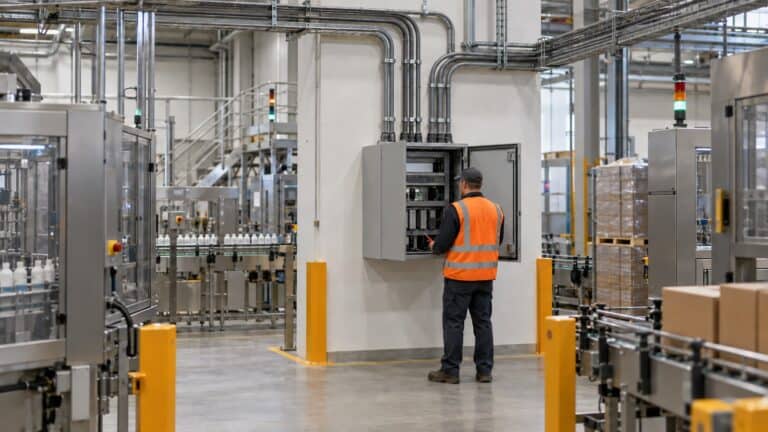 Technician commissioning a central edge cabinet fed by four separate conduits in a packaging plant.