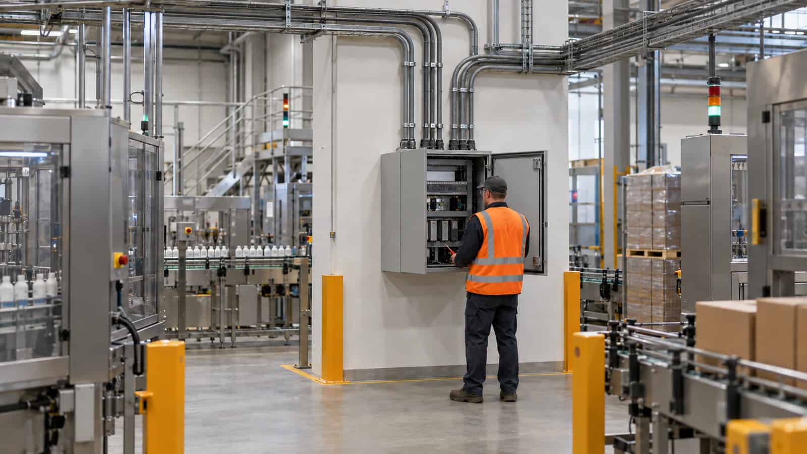 Technician commissioning a central edge cabinet fed by four separate conduits in a packaging plant.