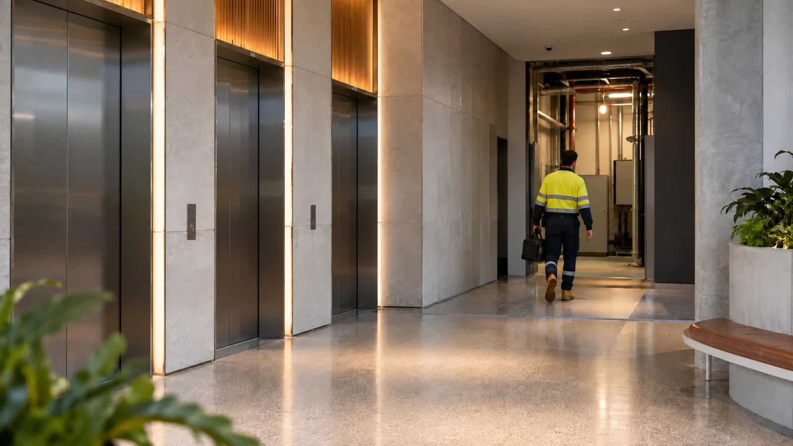 Commercial lift lobby with a technician entering the adjacent service corridor toward lift equipment.