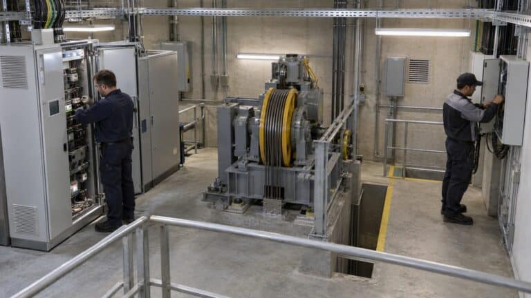 Two technicians working in a lift machine room with controller cabinets and a segregated communications enclosure.