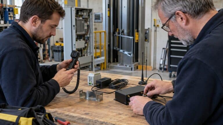 Lift contractor workshop evaluating a cellular gateway, antennas, power components and a test handset.
