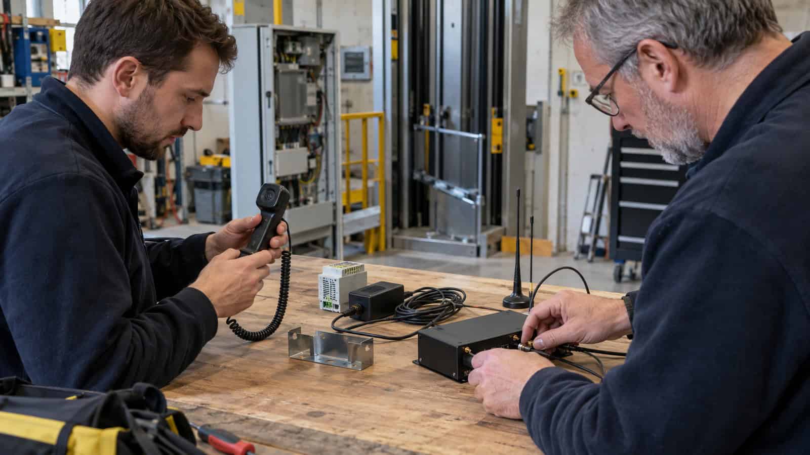 Lift contractor workshop evaluating a cellular gateway, antennas, power components and a test handset.