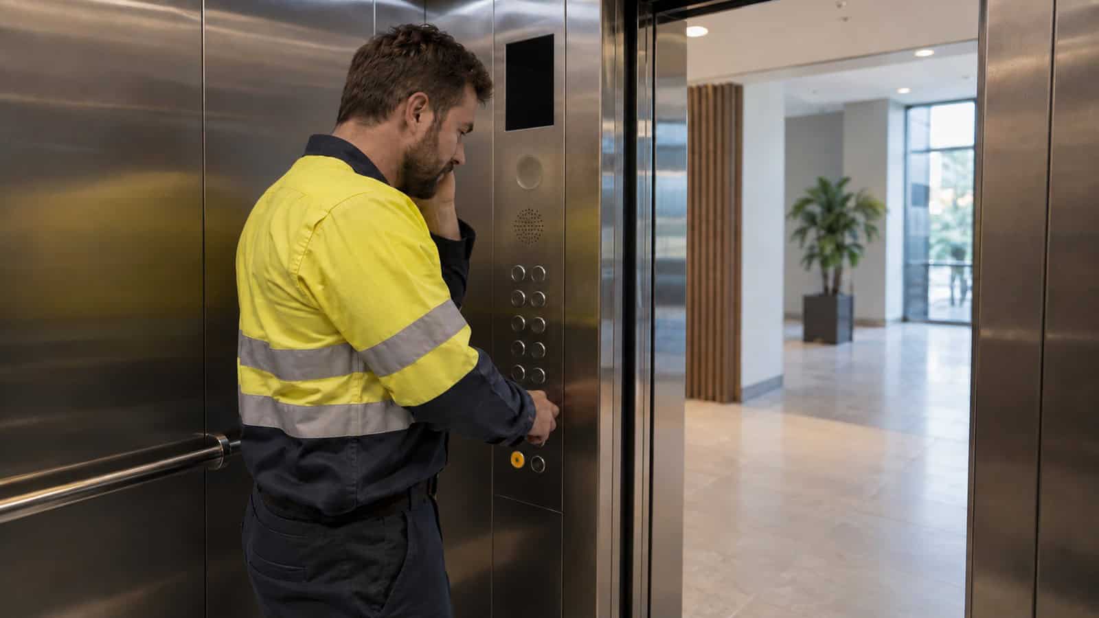 Technician performing an emergency communication test inside a modern Australian lift car.