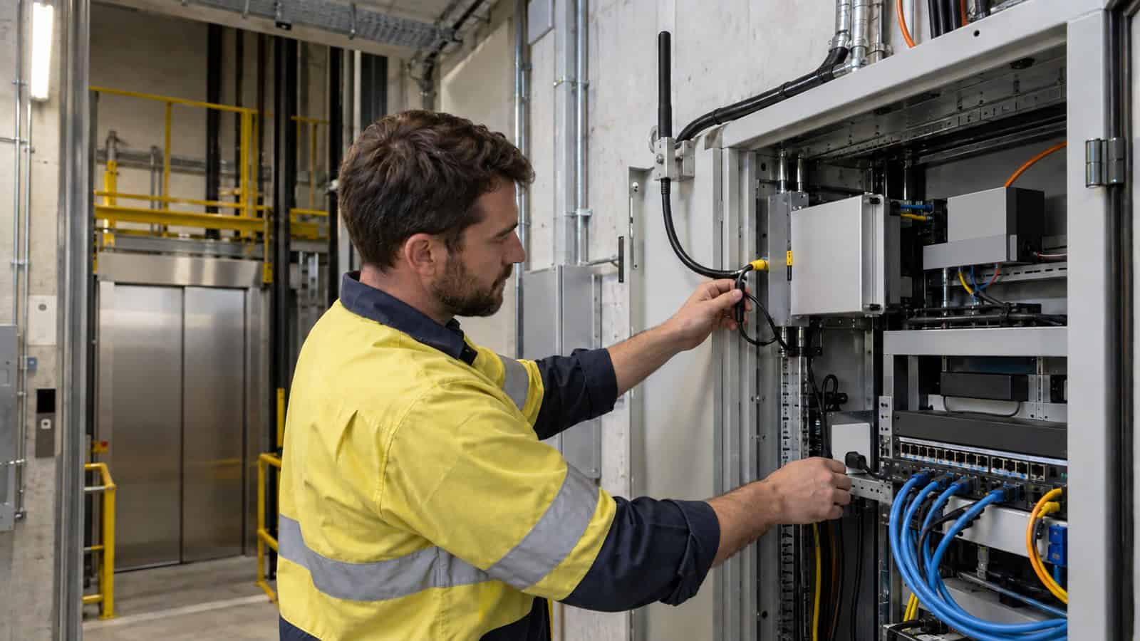 Technician tracing cellular and Ethernet paths inside a building communications room serving lift equipment.