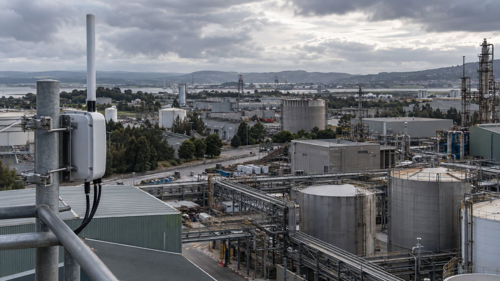 LoRaWAN gateway antenna overlooking a large industrial campus with tanks, pipework and production buildings.