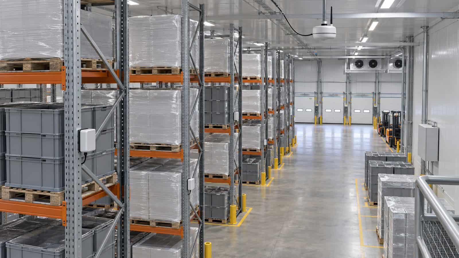 LoRaWAN temperature sensors and an overhead gateway installed across a refrigerated logistics warehouse.