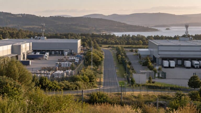 Two neighbouring logistics compounds separated by a road and vegetation in one Australian landscape.