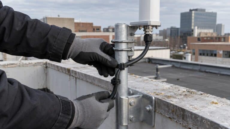 Gloved technician installing a weatherproof rooftop antenna feeder with a realistic cable bend and gland.