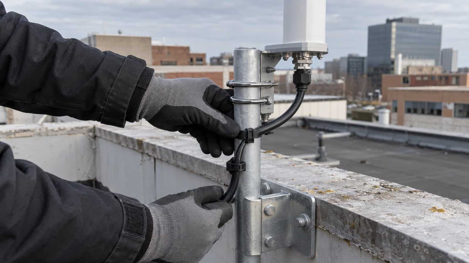 Gloved technician installing a weatherproof rooftop antenna feeder with a realistic cable bend and gland.