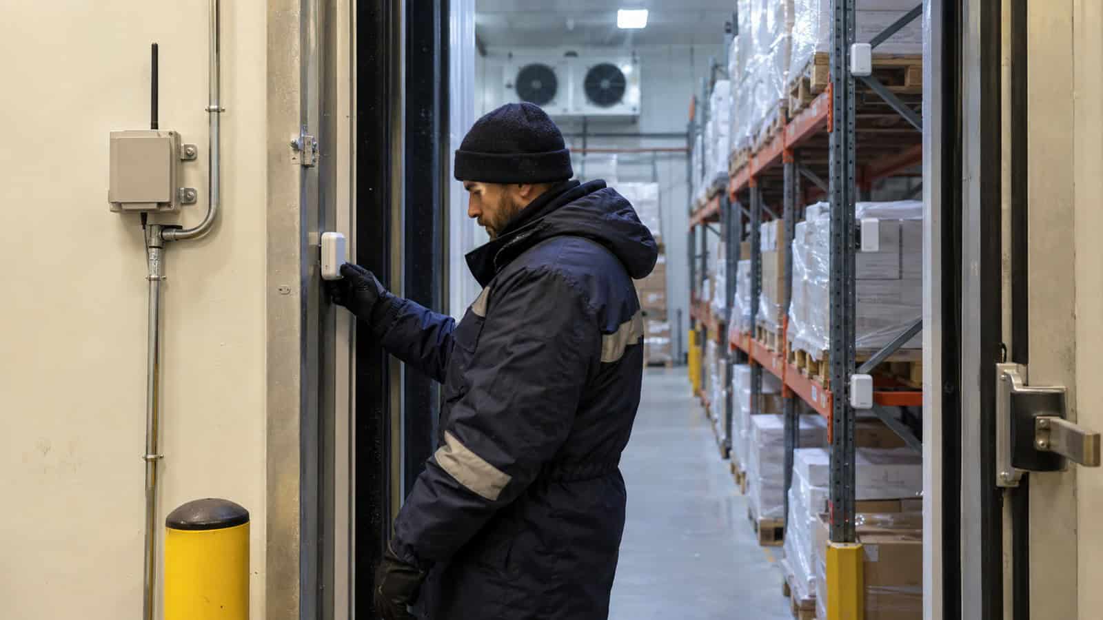 Cold-chain technician inspecting sensor placement at a refrigerated warehouse doorway and storage racks.