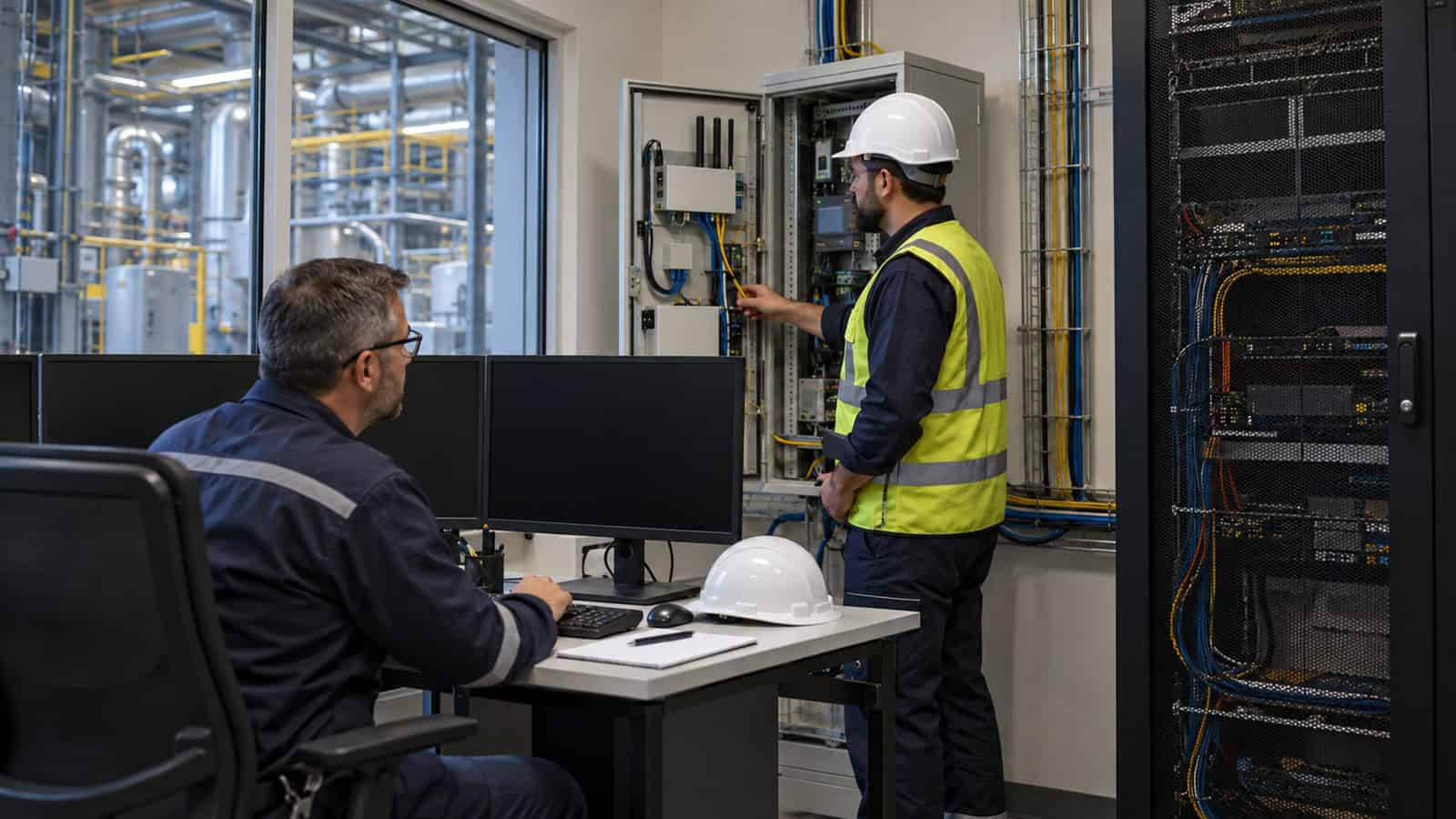 Two engineers working between an OT control cabinet, local edge computer and separate server rack.