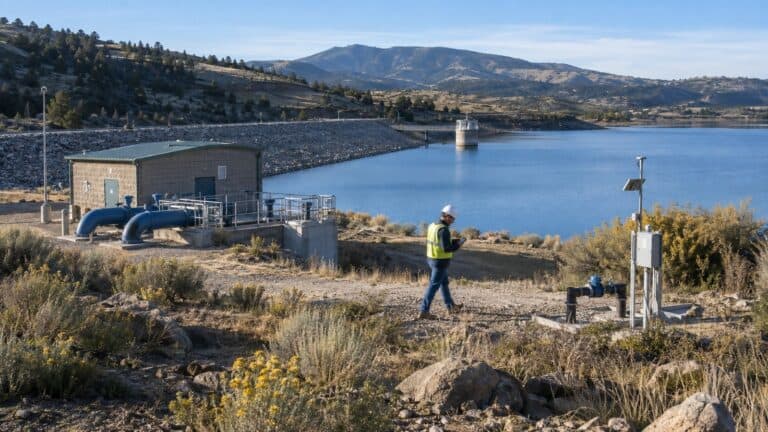 Utility engineer inspecting long-range wireless sensor infrastructure near a reservoir.