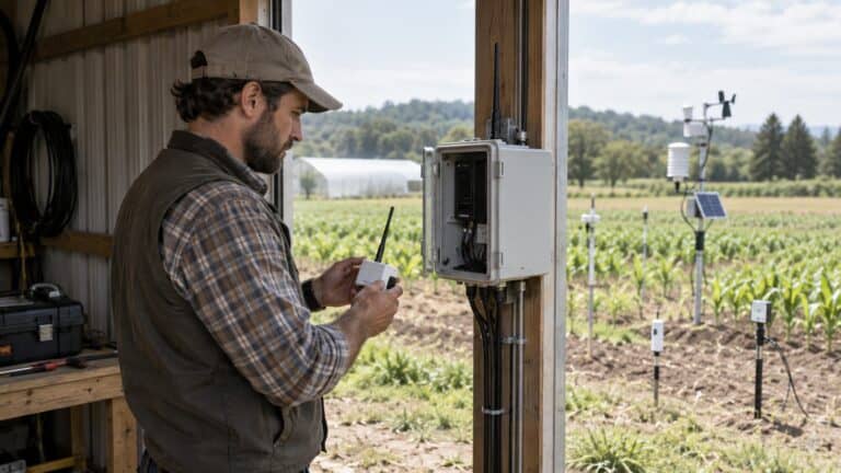 Engineer commissioning a LoRaWAN gateway and field sensors at an agricultural site.