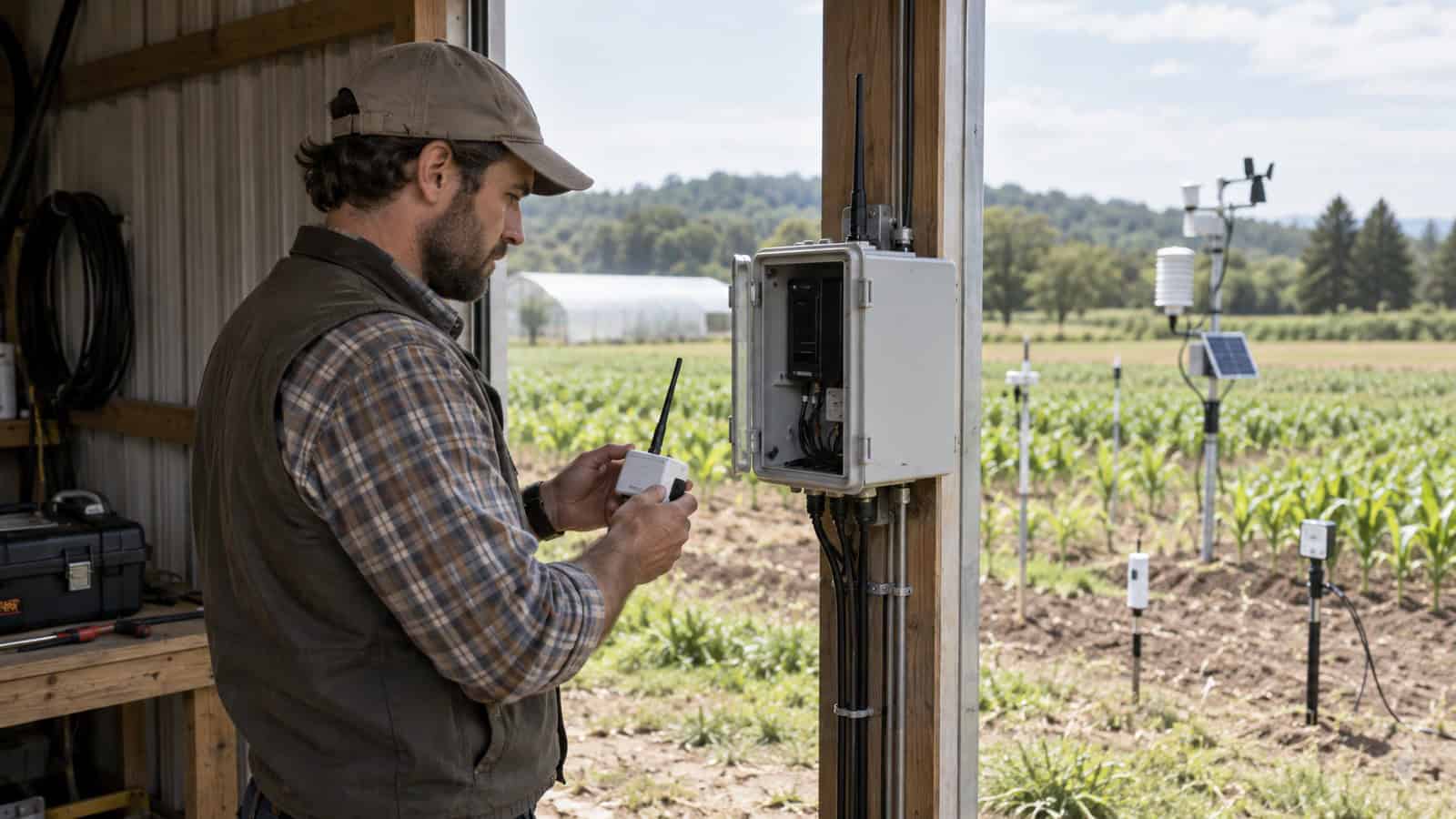 Engineer commissioning a LoRaWAN gateway and field sensors at an agricultural site.