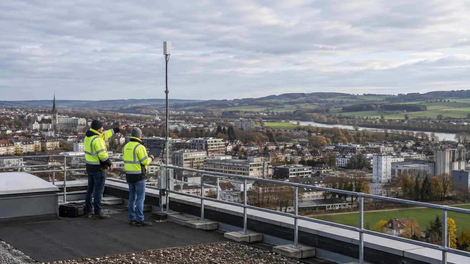 Engineer surveying LoRaWAN gateway coverage from an elevated urban rooftop.