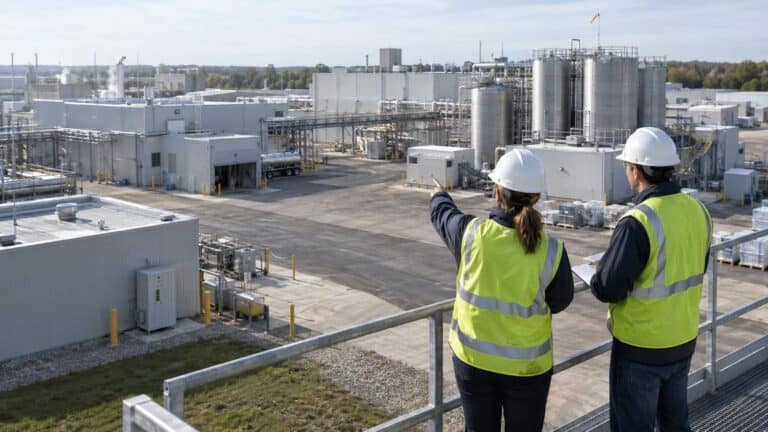 Engineer surveying LoRaWAN gateway placement across an industrial food processing campus.