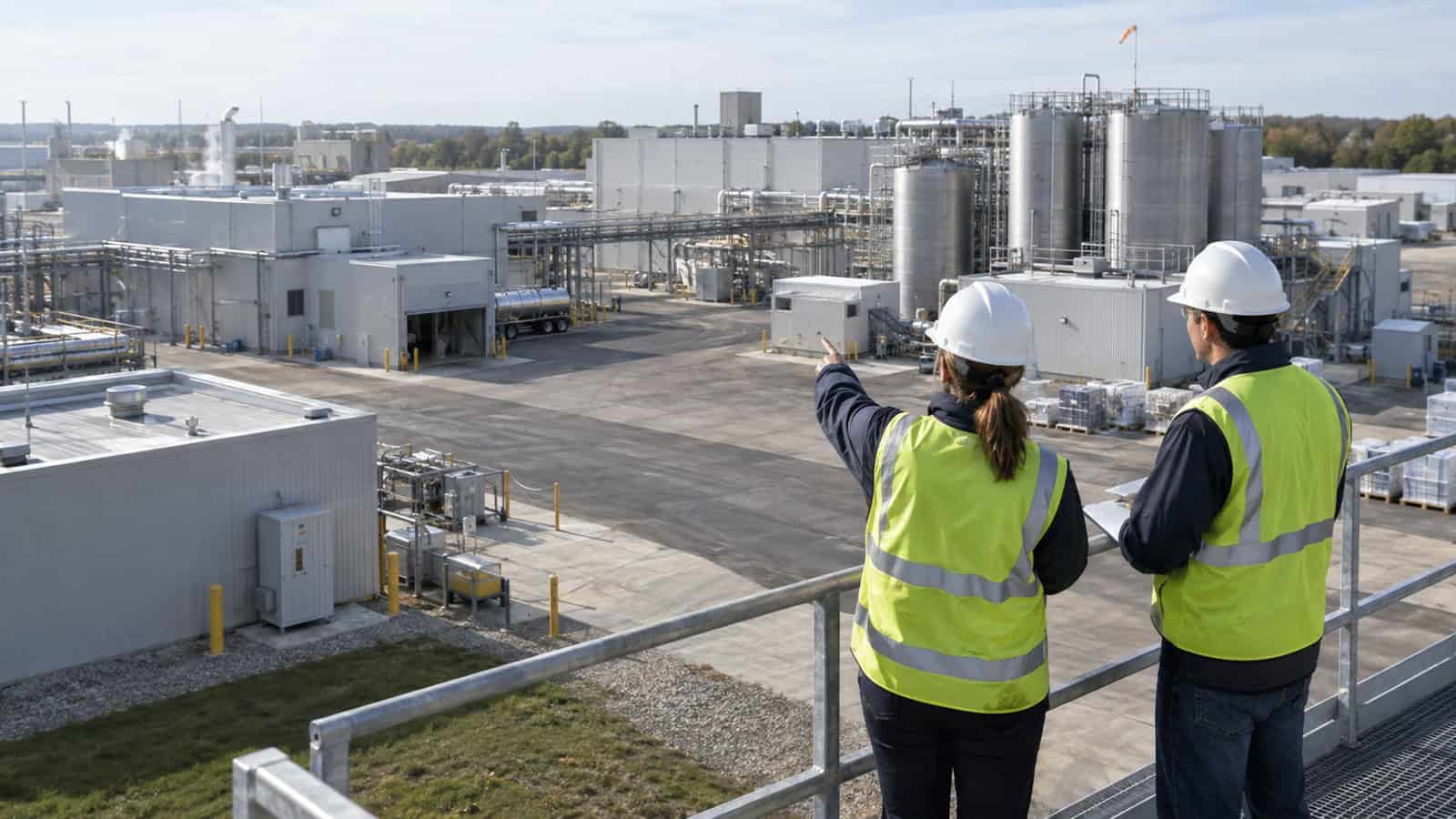 Engineer surveying LoRaWAN gateway placement across an industrial food processing campus.