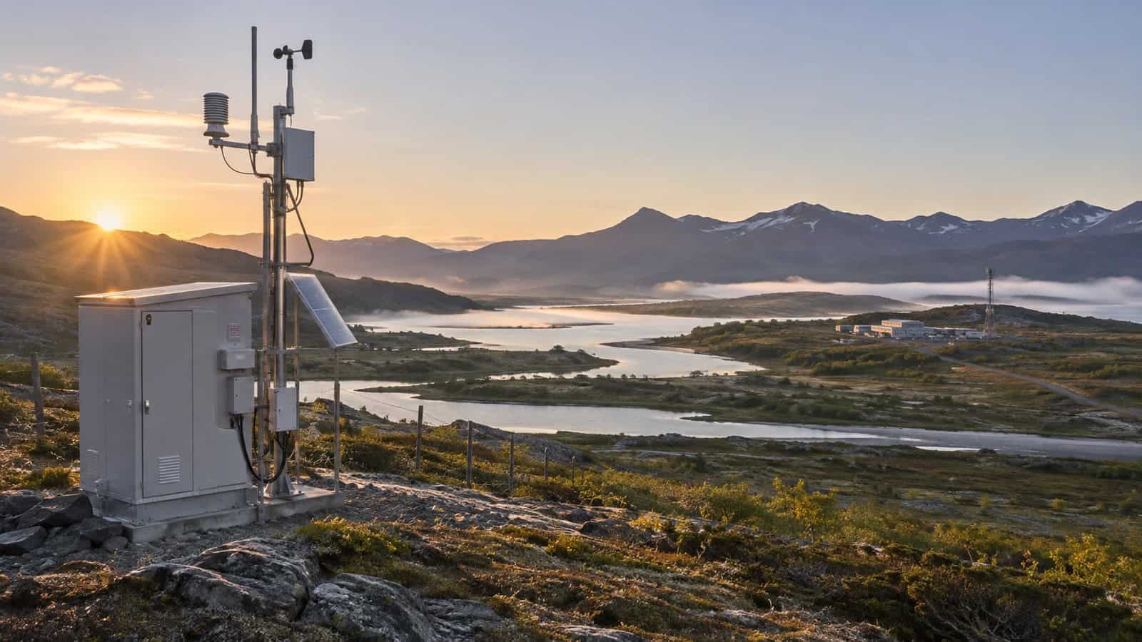 Technician configuring a LoRaWAN gateway at a remote environmental monitoring station.