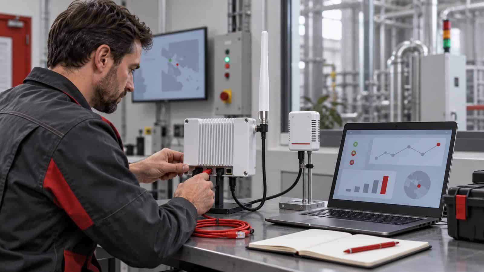 Engineer commissioning a LoRaWAN gateway, antenna and sensor on an industrial test bench.