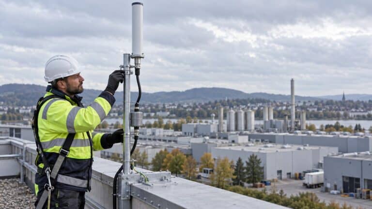 RF engineer inspecting a professionally mounted LoRaWAN antenna and feeder cable above an industrial site.