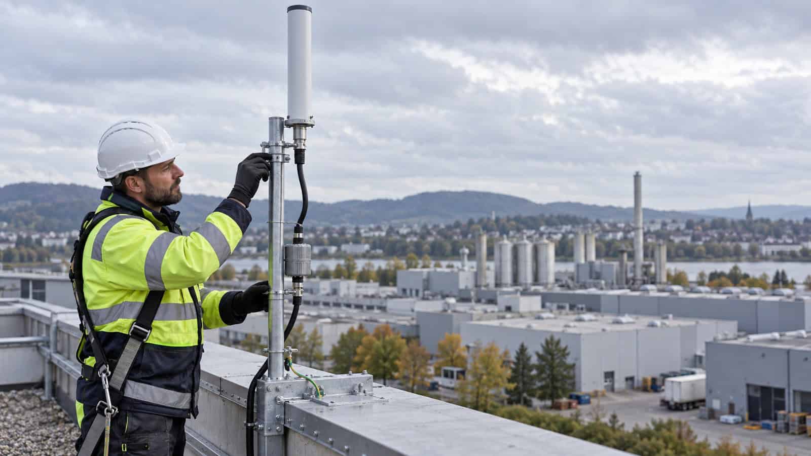 RF engineer inspecting a professionally mounted LoRaWAN antenna and feeder cable above an industrial site.