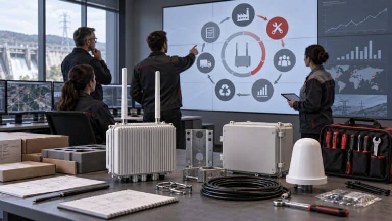Operations team reviewing lifecycle costs beside LoRaWAN hardware, enclosures and field-service equipment.