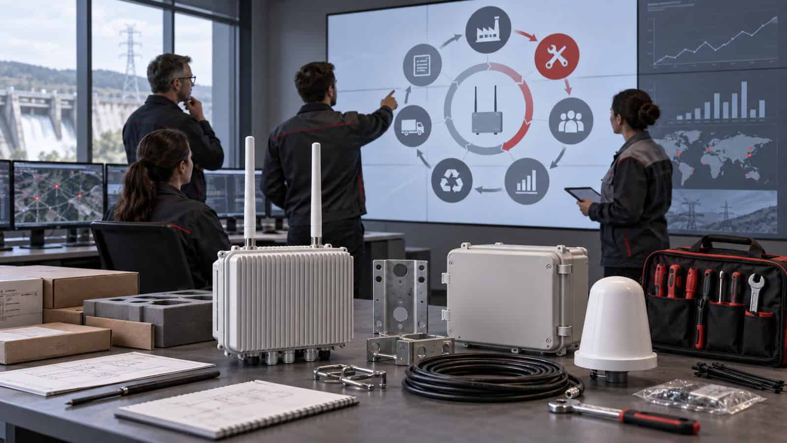 Operations team reviewing lifecycle costs beside LoRaWAN hardware, enclosures and field-service equipment.