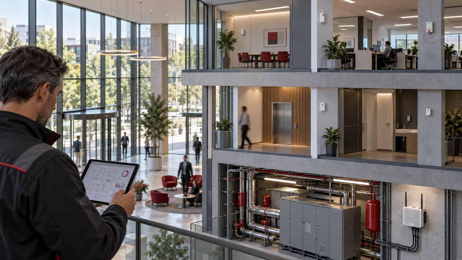 Building engineer reviewing sensor coverage across offices, common areas and a mechanical plant room.