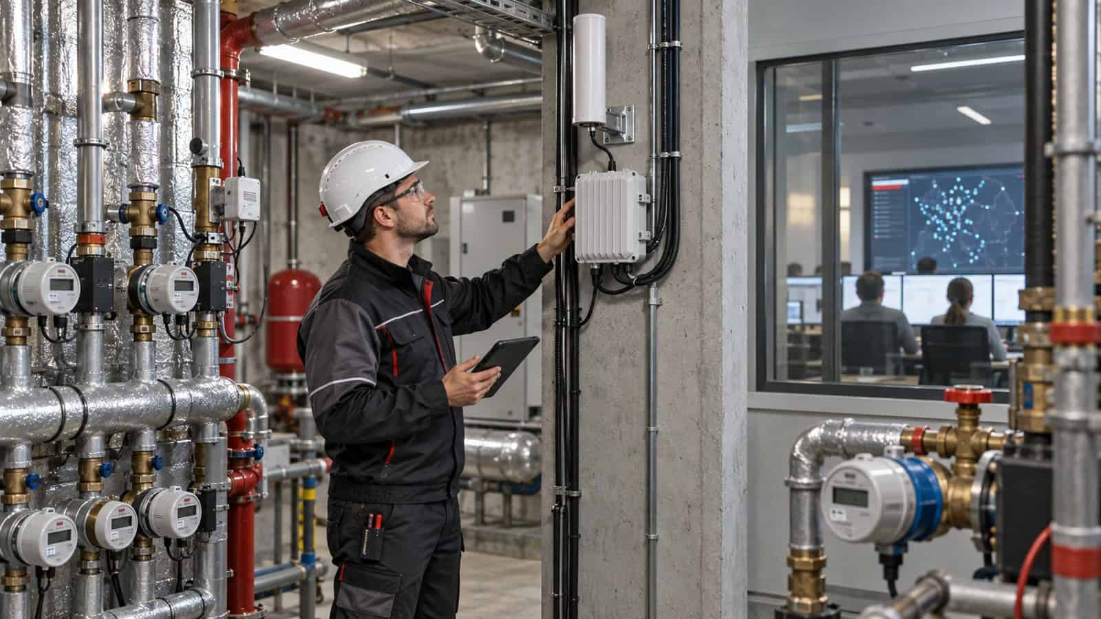 Utility technician checking a LoRaWAN gateway among smart water and energy meters in a basement plant room.