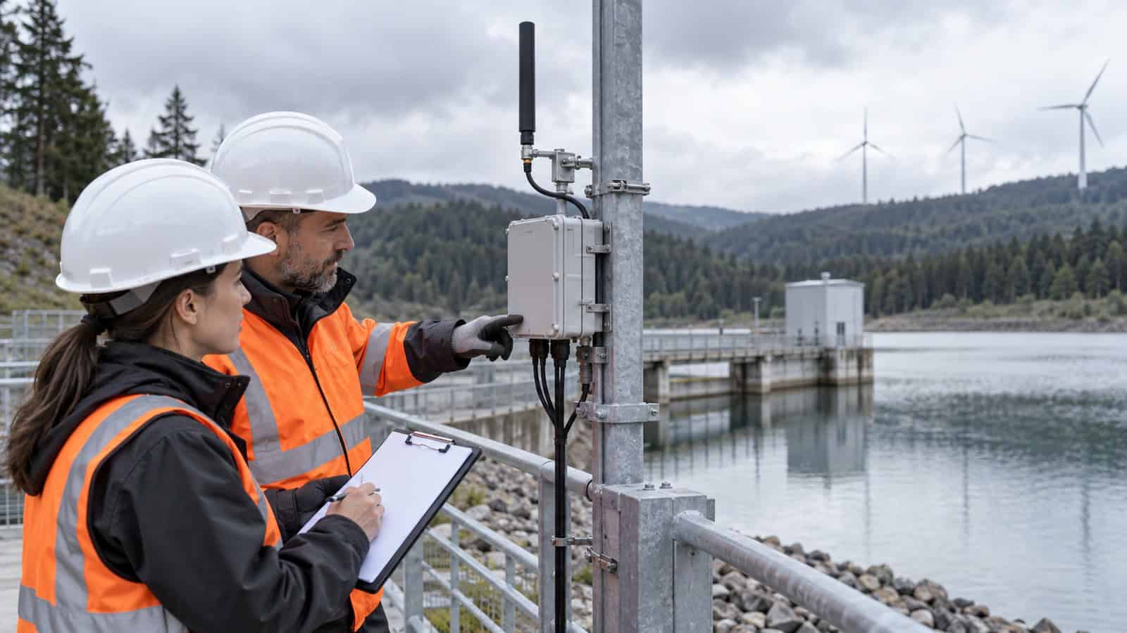 Two engineers inspecting a pole-mounted LoRaWAN gateway beside a reservoir and wind-energy site.