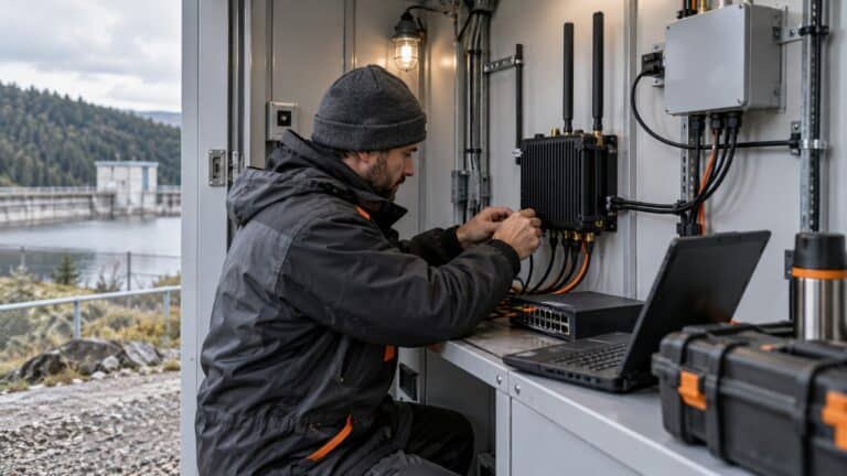Technician commissioning an industrial LoRaWAN gateway inside a remote utility shelter.