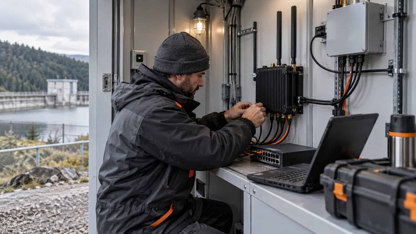 Technician commissioning an industrial LoRaWAN gateway inside a remote utility shelter.