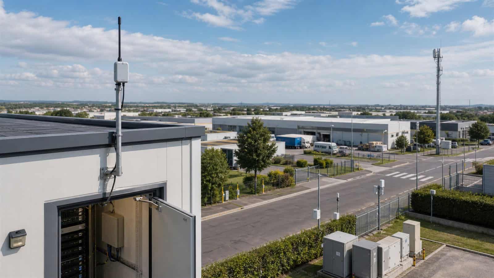 A private rooftop antenna and local server room overlook an industrial campus with a public telecom mast beyond the fence.