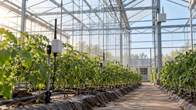 LoRaWAN environmental sensors installed along greenhouse crop rows with a gateway mounted above the growing area.