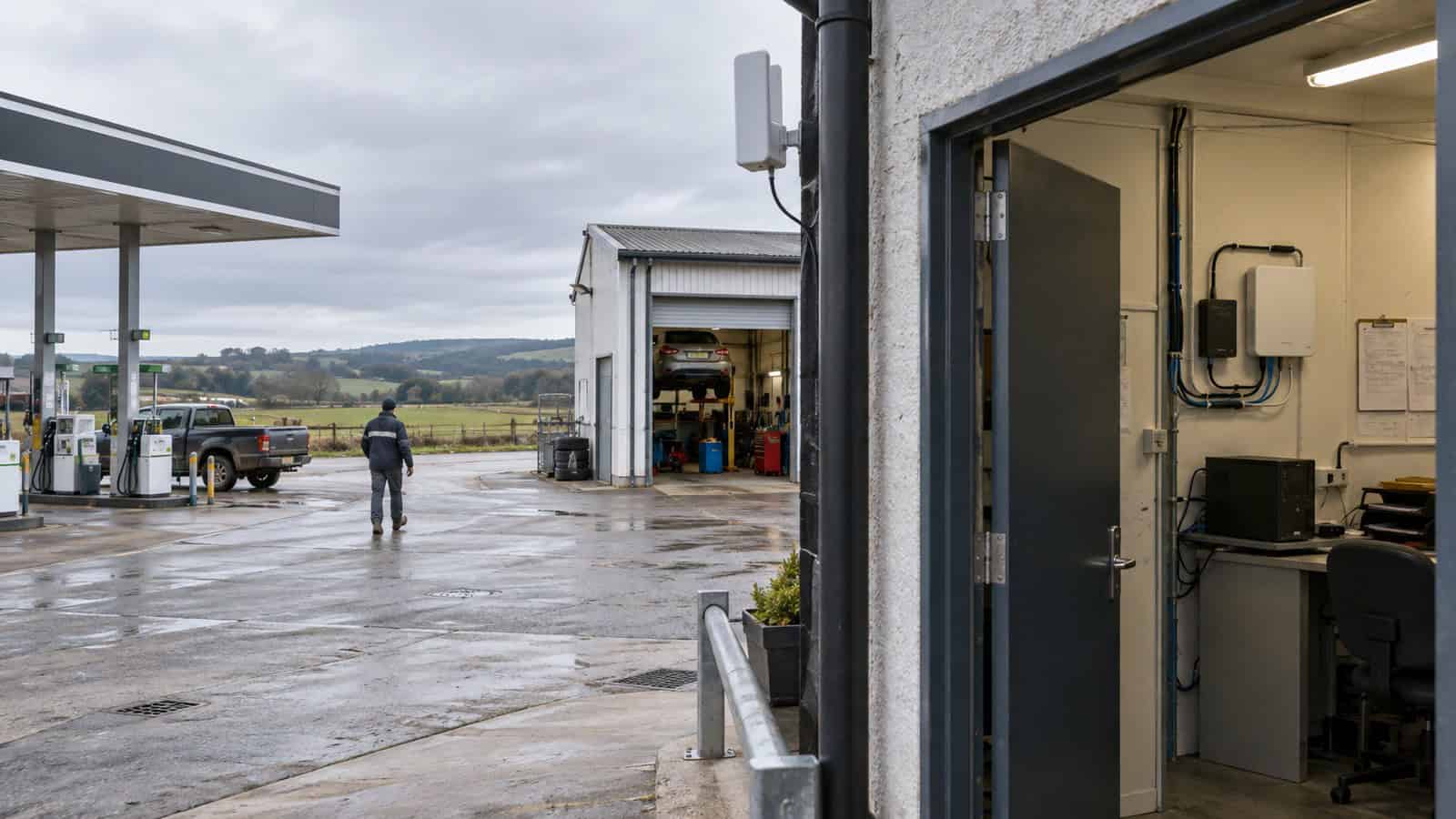 Remote roadside service centre with a forecourt, workshop, exterior antenna and communications room visible through an open doorway.