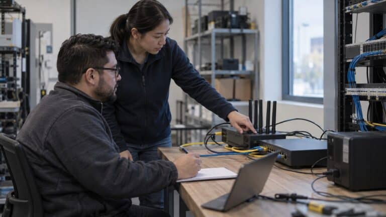Two engineers test a cellular router and separate SD-WAN appliance on an industrial network staging bench.