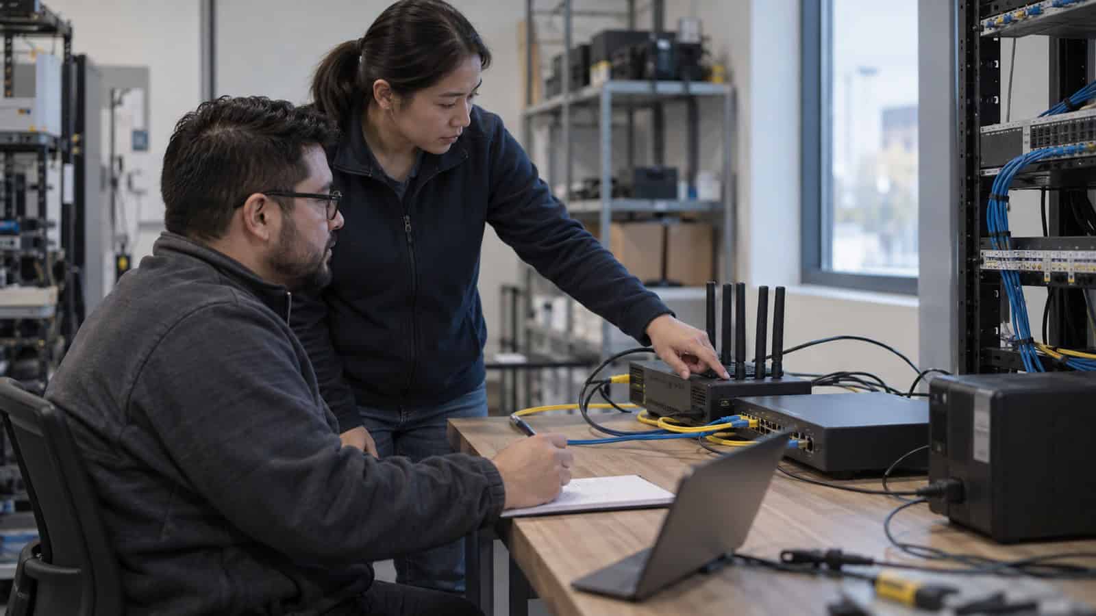 Two engineers test a cellular router and separate SD-WAN appliance on an industrial network staging bench.