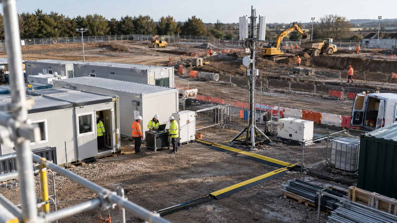 Workers commission a temporary communications mast beside construction cabins, protected cables and active earthworks.