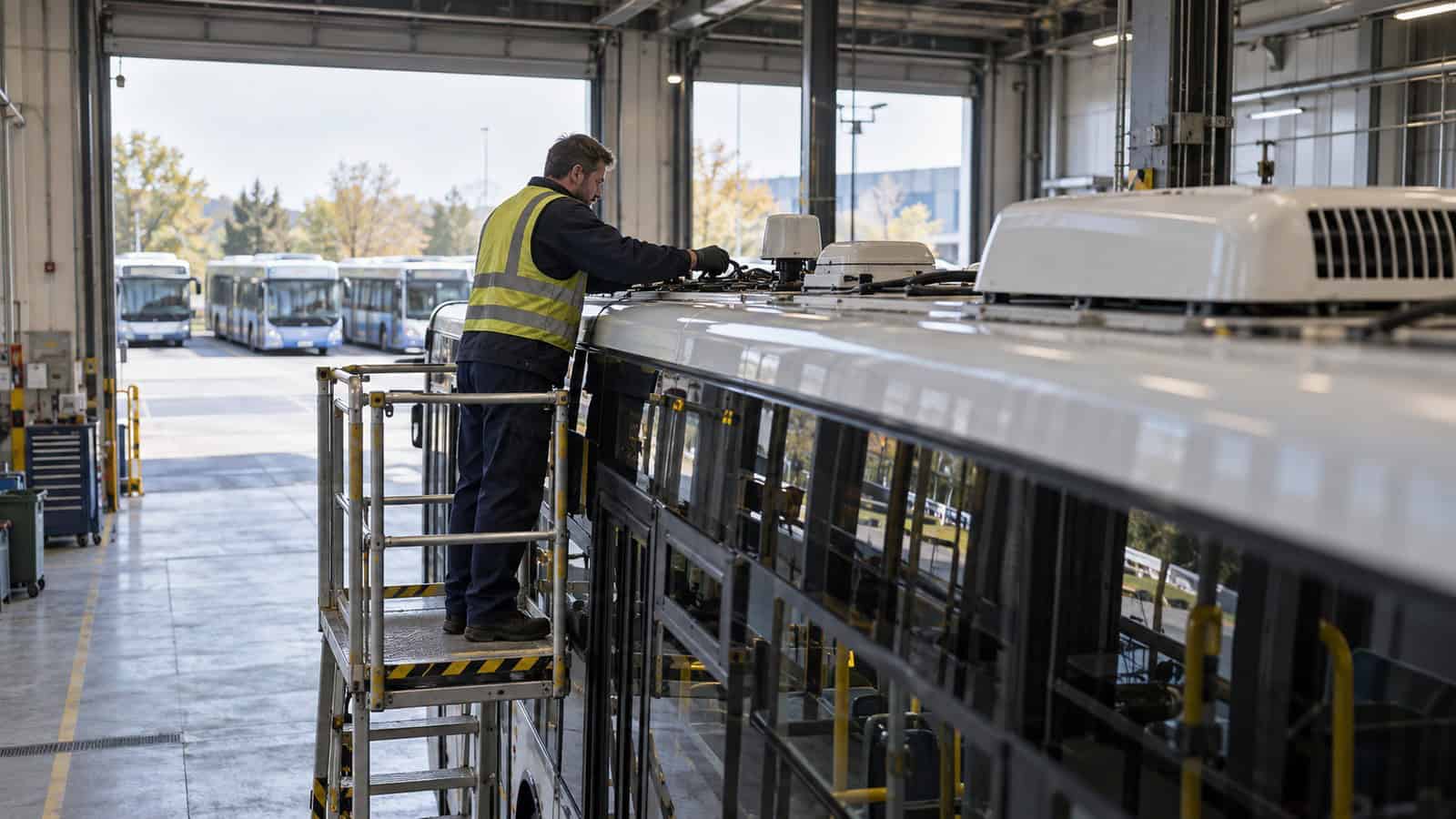 Bus technician inspects roof-mounted communications antennas from a guarded work platform inside a public transport depot.