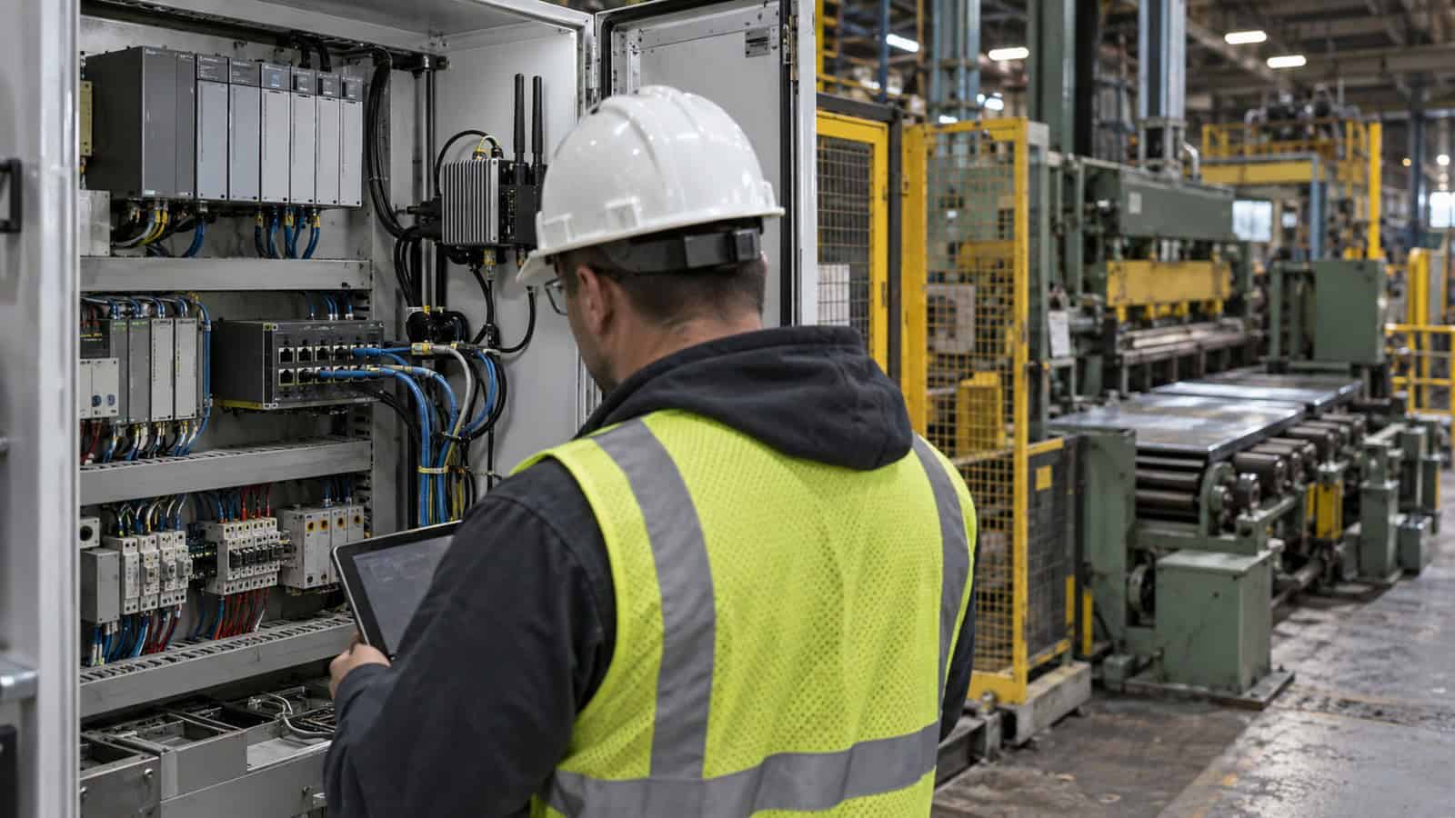 Controls engineer reviews legacy PLC and Ethernet hardware beside an operating brownfield production cell.