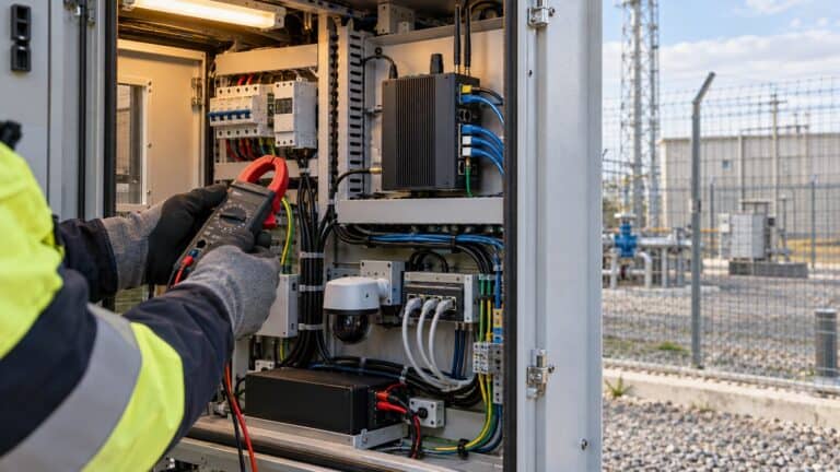 Technician measures the power budget inside a remote industrial PoE cabinet feeding multiple Ethernet devices.