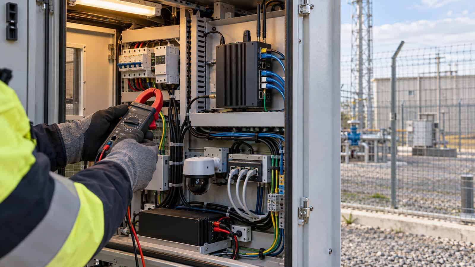 Technician measures the power budget inside a remote industrial PoE cabinet feeding multiple Ethernet devices.