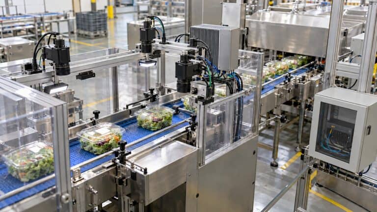 Automated food inspection line with multiple cameras and a protected high-speed network enclosure.