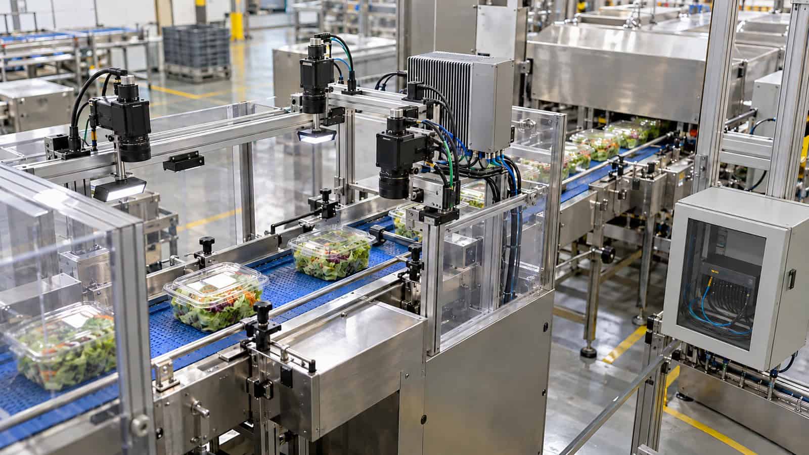Automated food inspection line with multiple cameras and a protected high-speed network enclosure.
