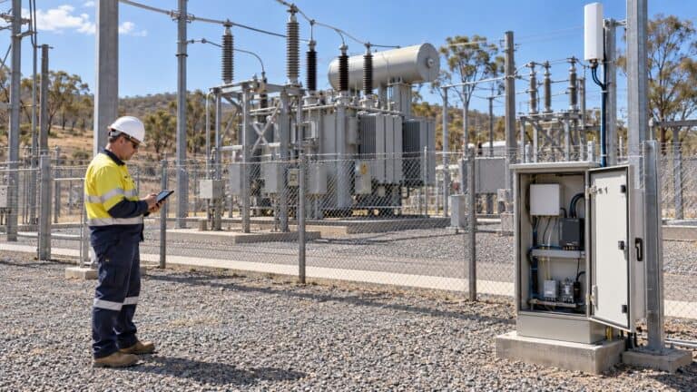 Utility engineer reviews SCADA backhaul beside a substation communications cabinet.