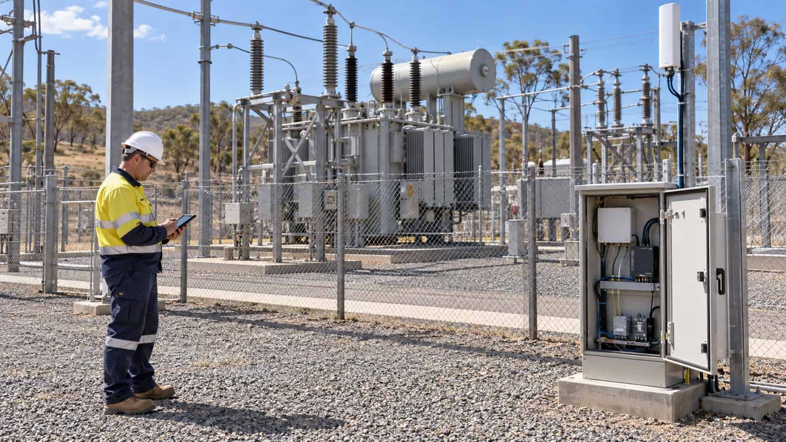 Utility engineer reviews SCADA backhaul beside a substation communications cabinet.
