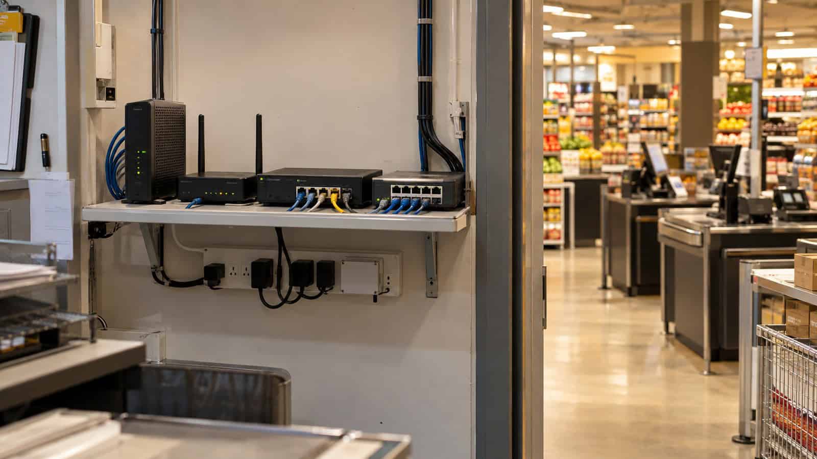 Retail back-office communications shelf supporting store primary and cellular backup WAN.